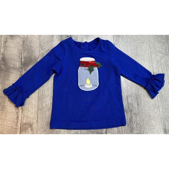Ricrac & Ruffles Shirt Baby Girls 24 Month Blue Christmas‎ Applique Long Sleeve - Picture 1 of 8